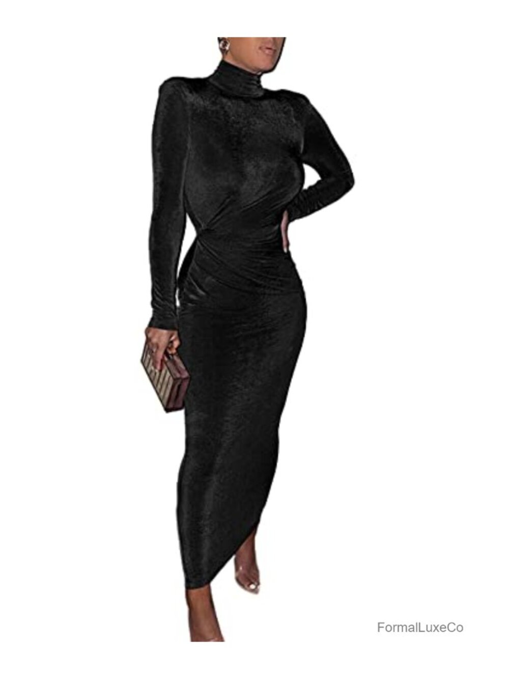 Women's Turtleneck Velvet Maxi Dress Long Sleeve Bodycon Ruched High Neck Party